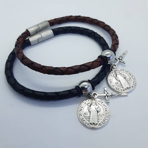 St Benedict bracelet - braided European bolo leather with magnetic stainless steel clasp