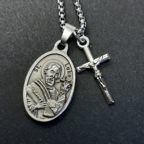 St Luke, necklace. Stainless steel box chain with saint medal and crucifix.  Patron of physicians and surgeons.