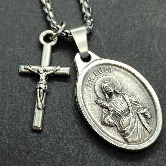 St Lucy Stainless Steel Box Chain With Saint Medal and