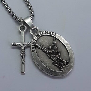 St Michael, Archangel Michael, necklace. Stainless steel box chain with saint medal and crucifix.