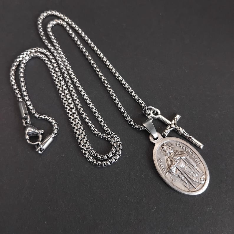 St Louis Necklace. Stainless Steel Box Chain With Saint Medal and ...