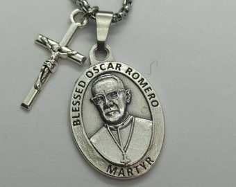 Saint Oscar Romero Martyr necklace. Stainless steel chain with crucifix and silver oxide medal.