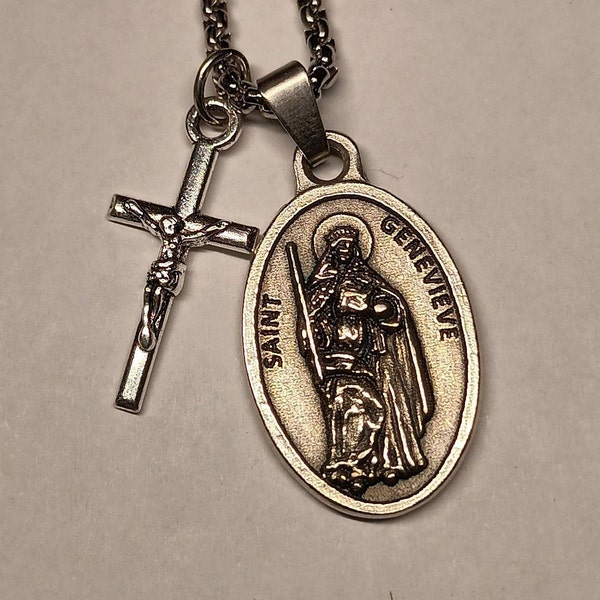 St Genevieve necklace. Stainless steel chain with crucifix and silver oxide medal.