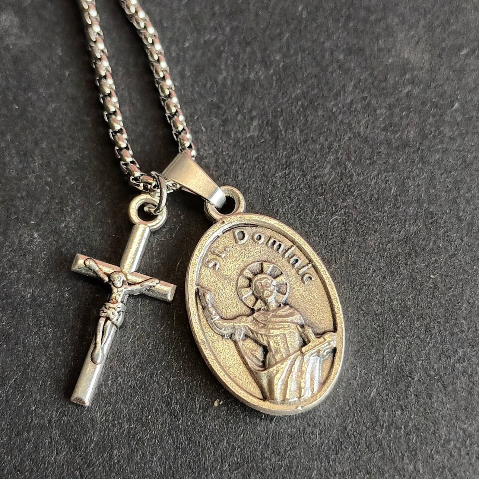 St Dominic Necklace. Stainless Steel Box Chain With Silver Oxide Saint ...