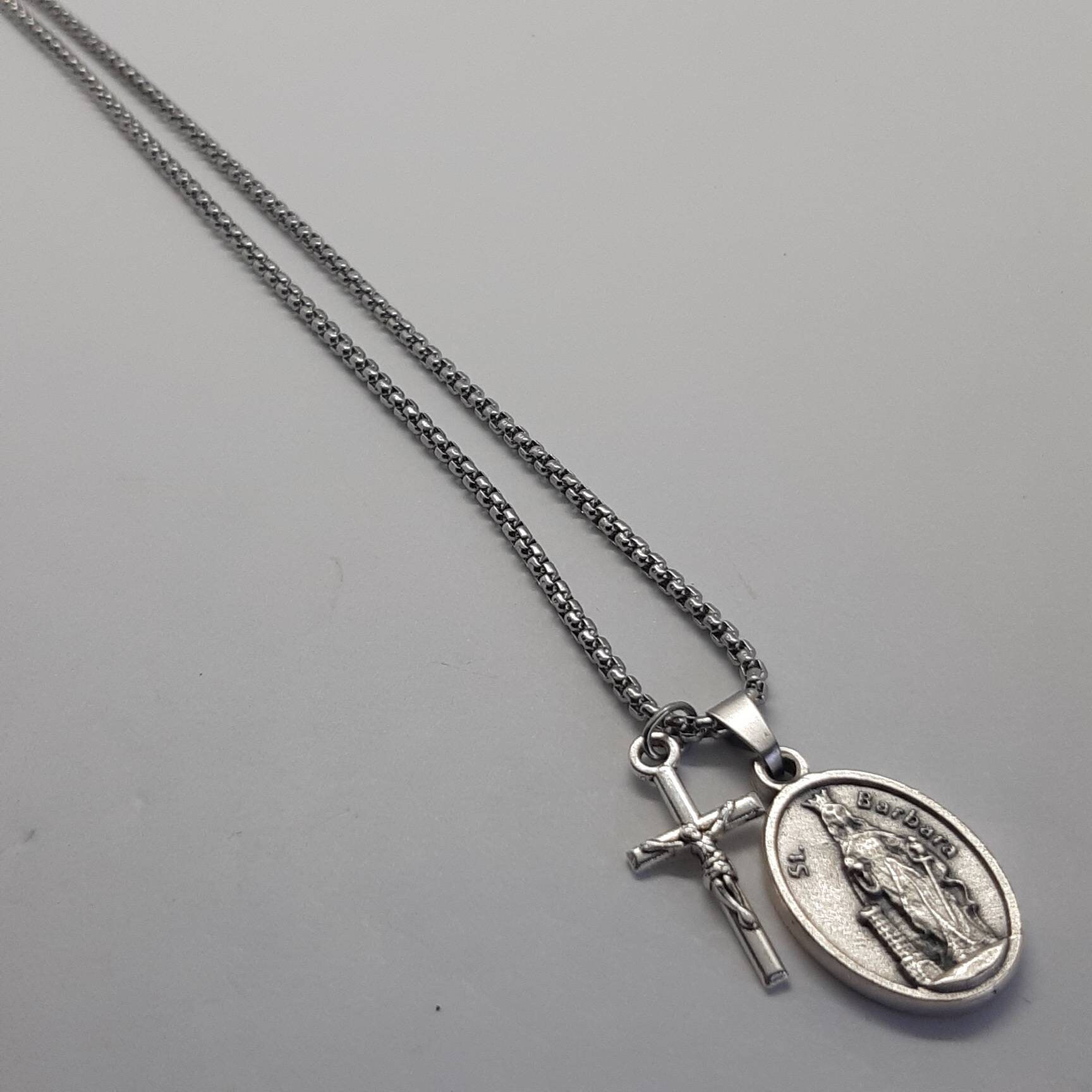 St Barbara Necklace. Stainless Steel Box Chain With Saint Medal and ...