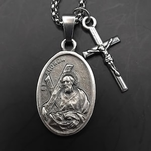 St Andrew necklace. Stainless steel box chain with saint medal and crucifix.