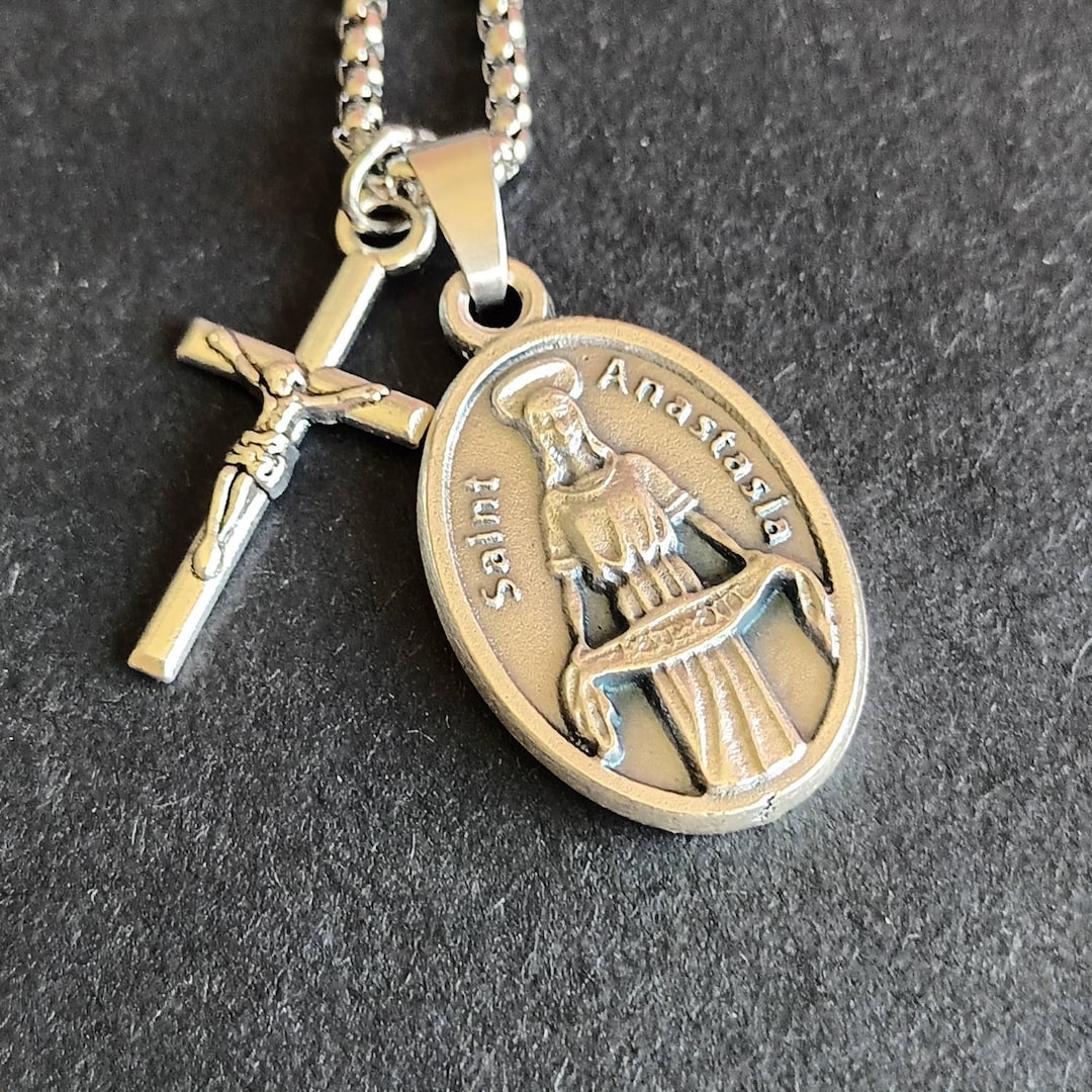 St Anastasia Necklace. Stainless Steel Box Chain With Saint Medal and ...