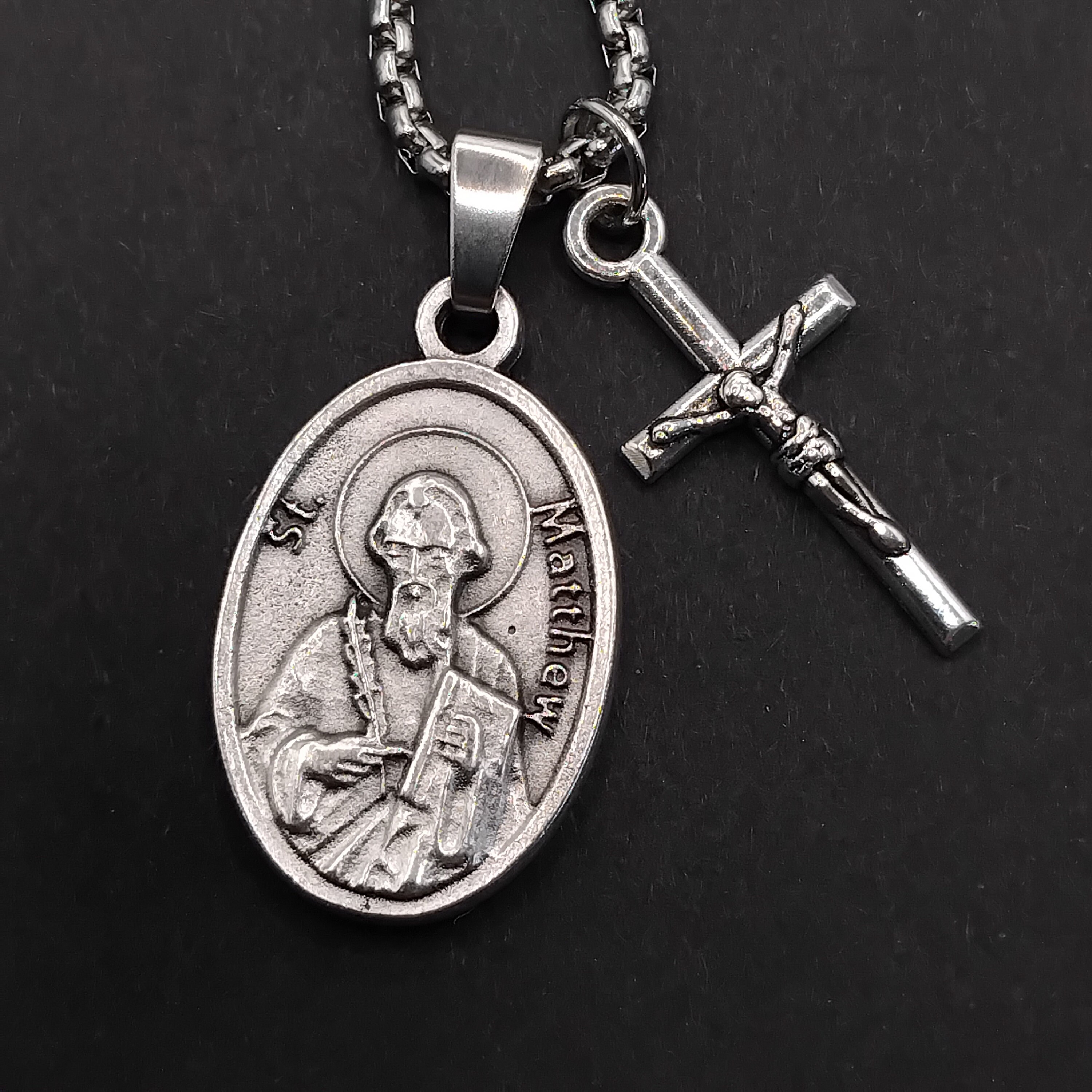 St Matthew Necklace. Silver Oxide Medal and Crucifix on Stainless