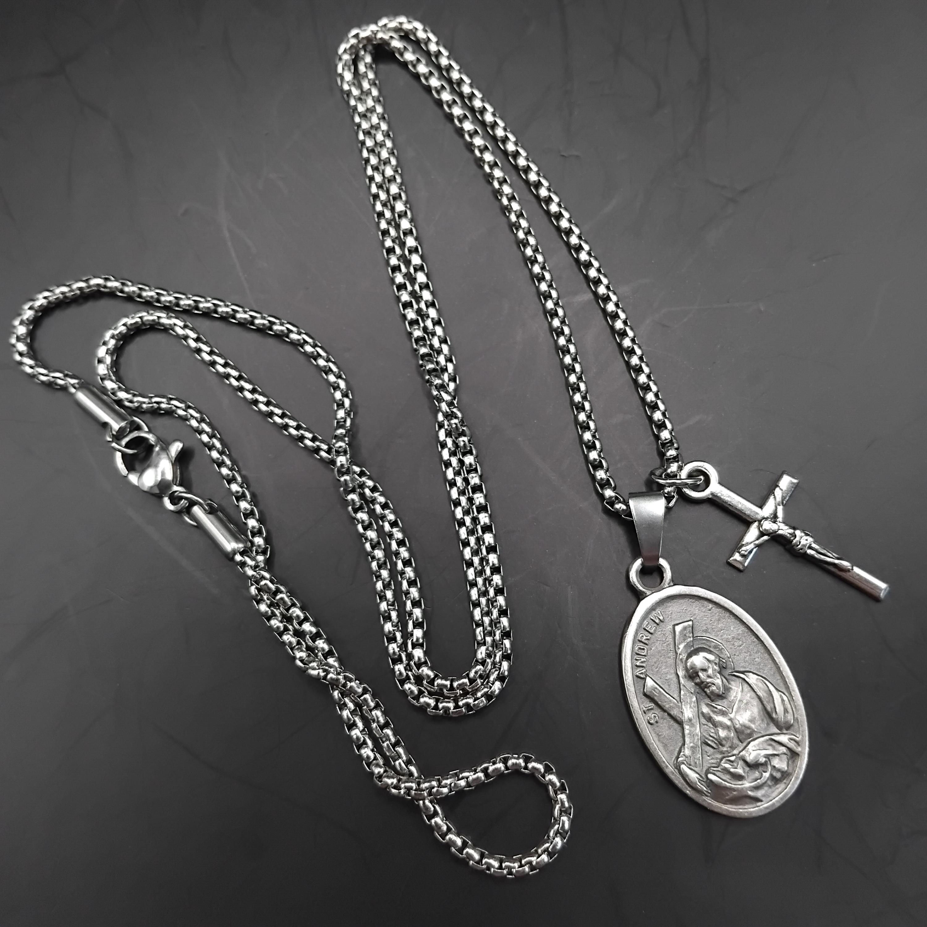 St Andrew Necklace. Stainless Steel Box Chain With Saint Medal and ...