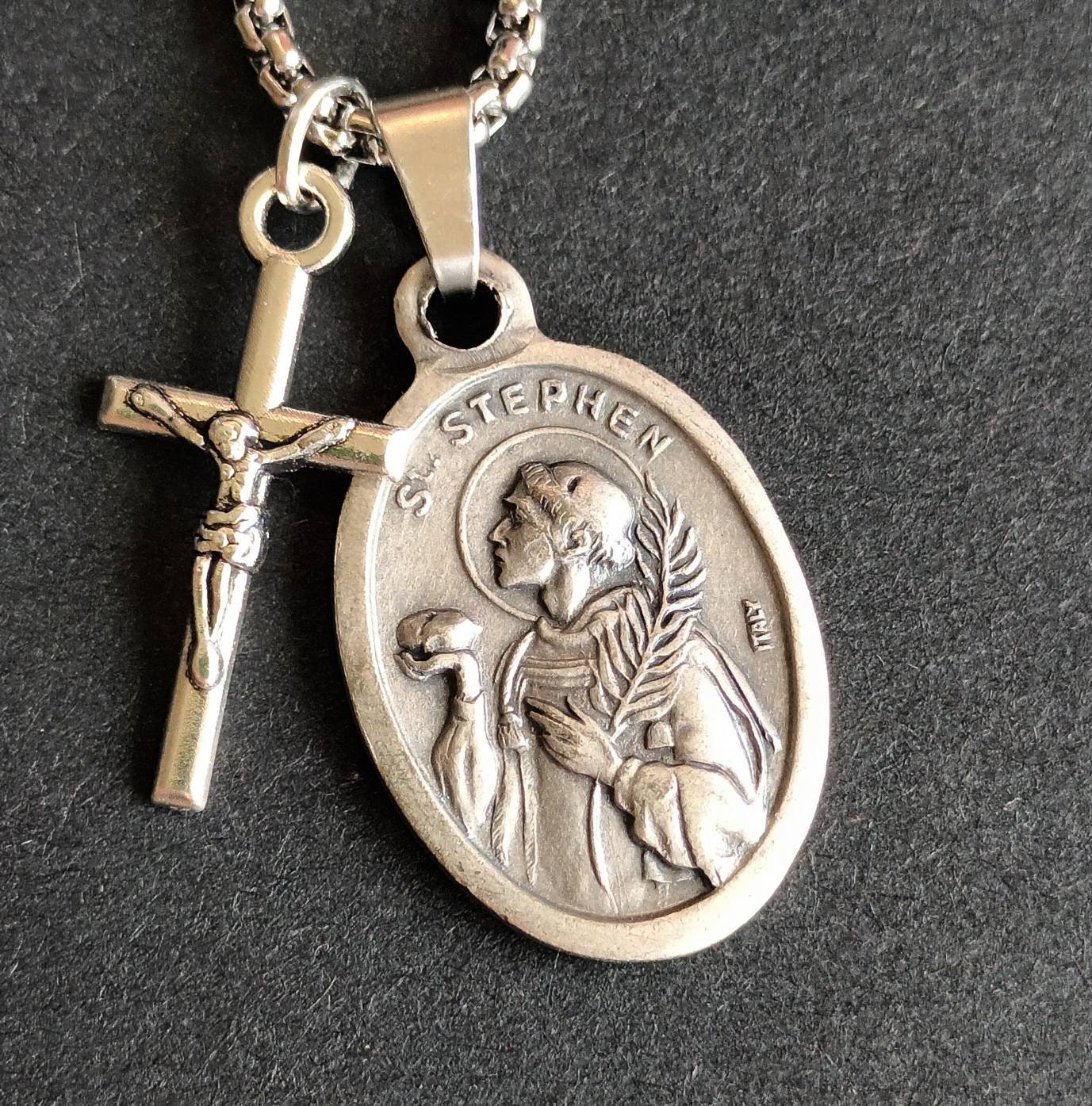St Stephen Medal With Crucifix on Stainless Steel Chain Necklace - Etsy UK