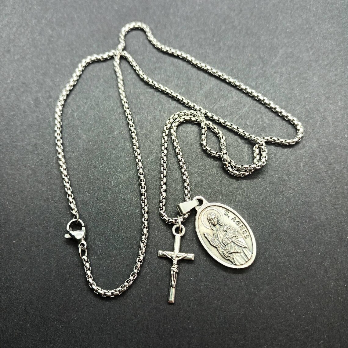 St Agnes Necklace. Stainless Steel Box Chain With Saint Medal and ...