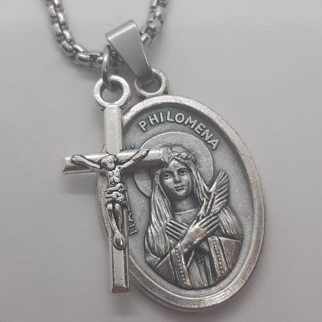 St Philomena Necklace. Stainless Steel Box Chain With Saint Medal and ...
