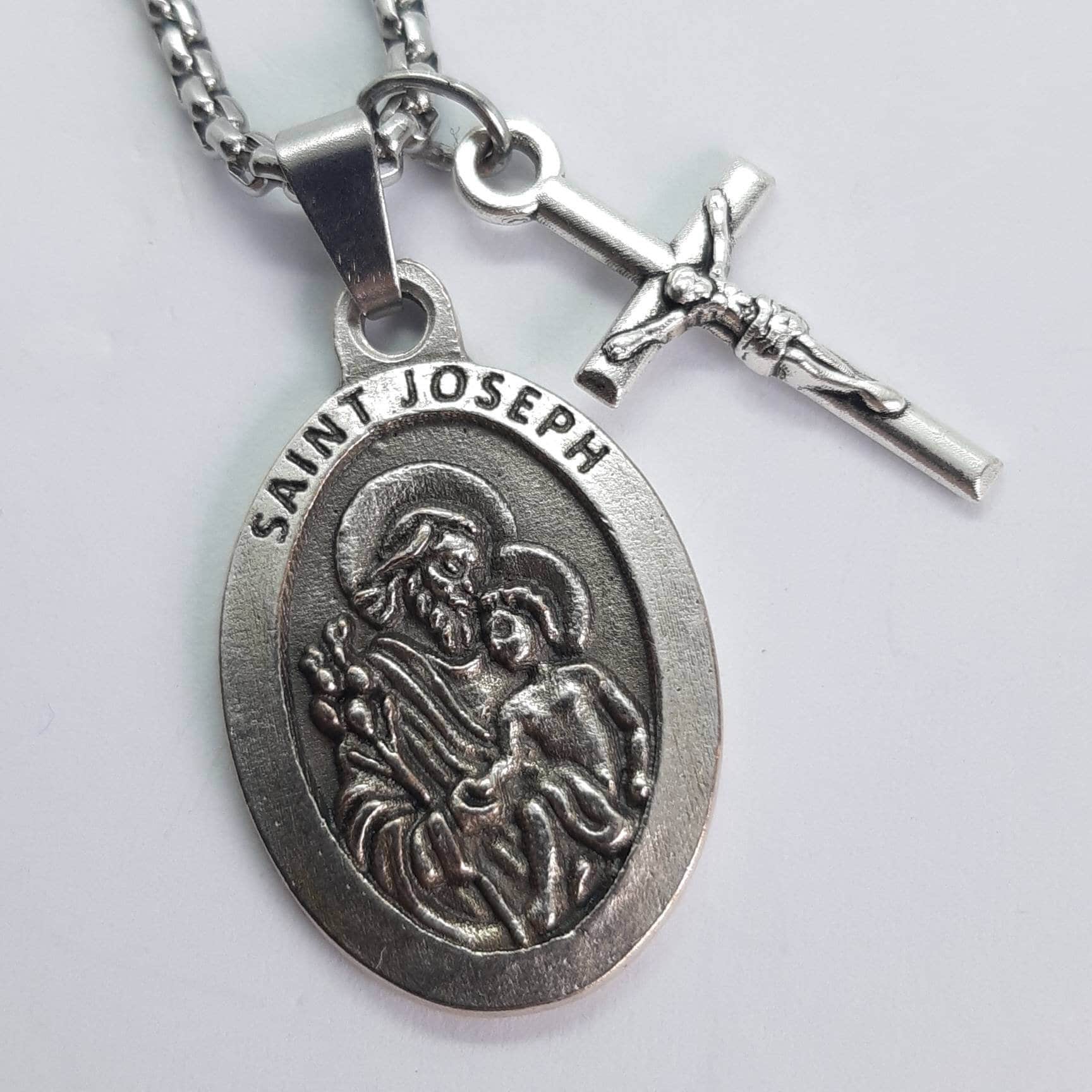 St Joseph necklace. Stainless steel box chain with saint medal and crucifix.