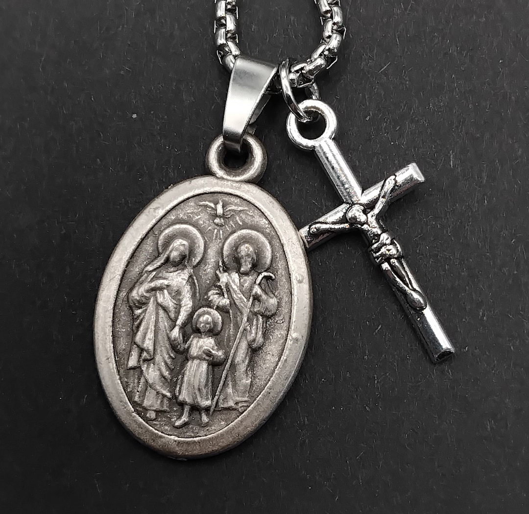 Holy Spirit Necklace. Silver Oxide Medal and Crucifix on Stainless ...