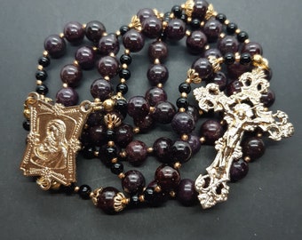 Garnet and Onyx handmade rosary, ornate gold crucifix and Madonna centrepiece