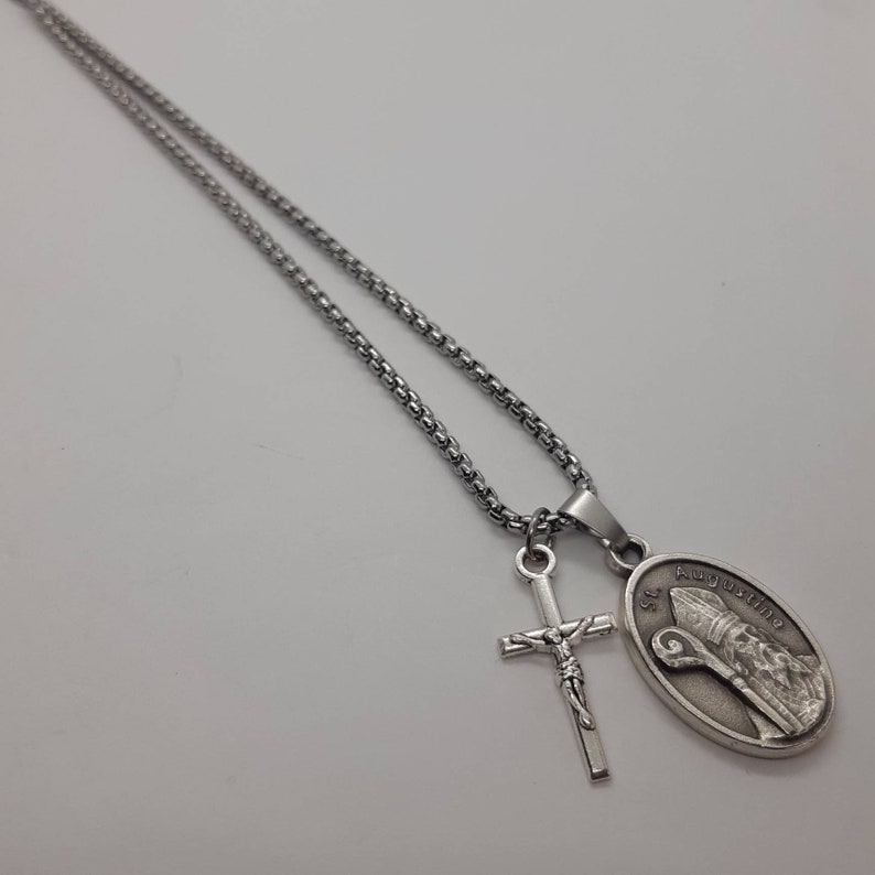 St Augustine Necklace. Stainless Steel Box Chain With Saint Medal and ...