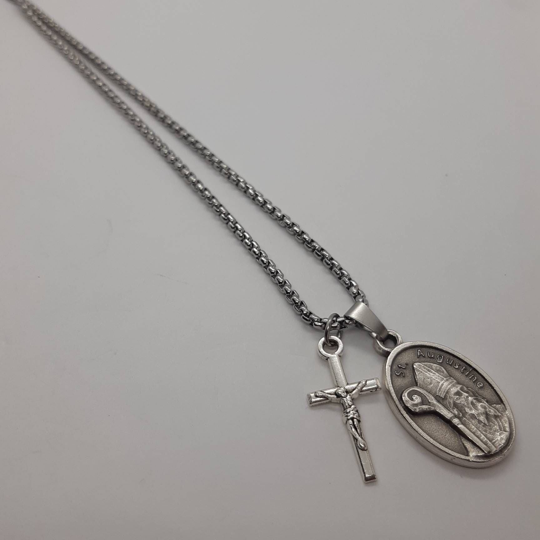 St Augustine Necklace. Stainless Steel Box Chain With Saint Medal and ...