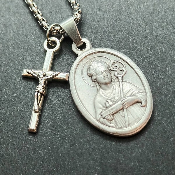 St Januarius necklace. Stainless steel box chain with silver oxide medal and crucifix.