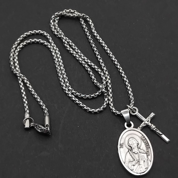 St Matthew Necklace. Silver Oxide Medal and Crucifix on Stainless