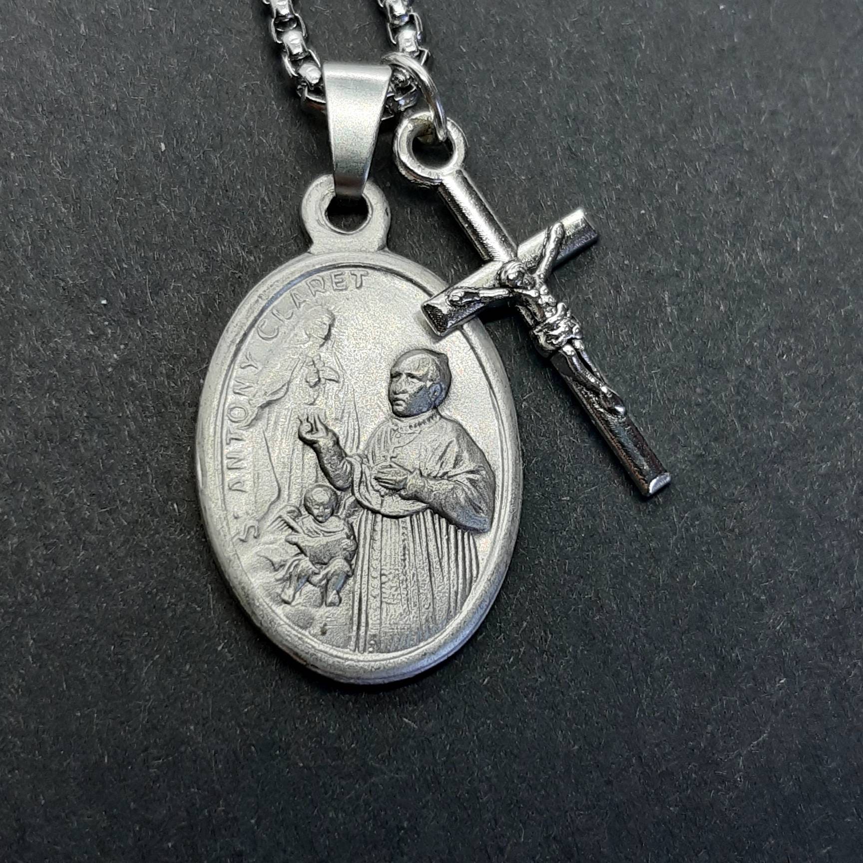 St Antony Claret Necklace: Silver Oxide Medal, Stainless Steel Chain - Etsy