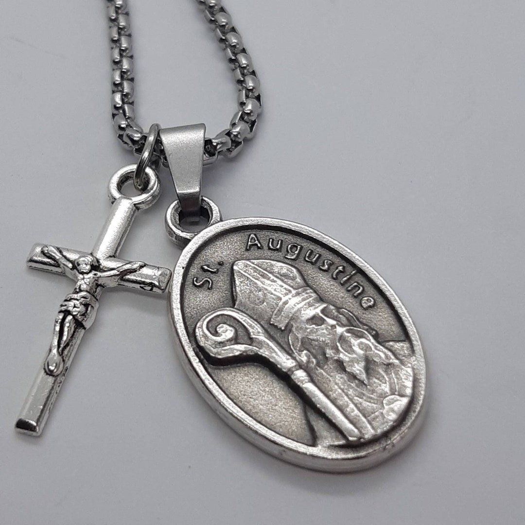 St Augustine Necklace. Stainless Steel Box Chain With Saint Medal and ...