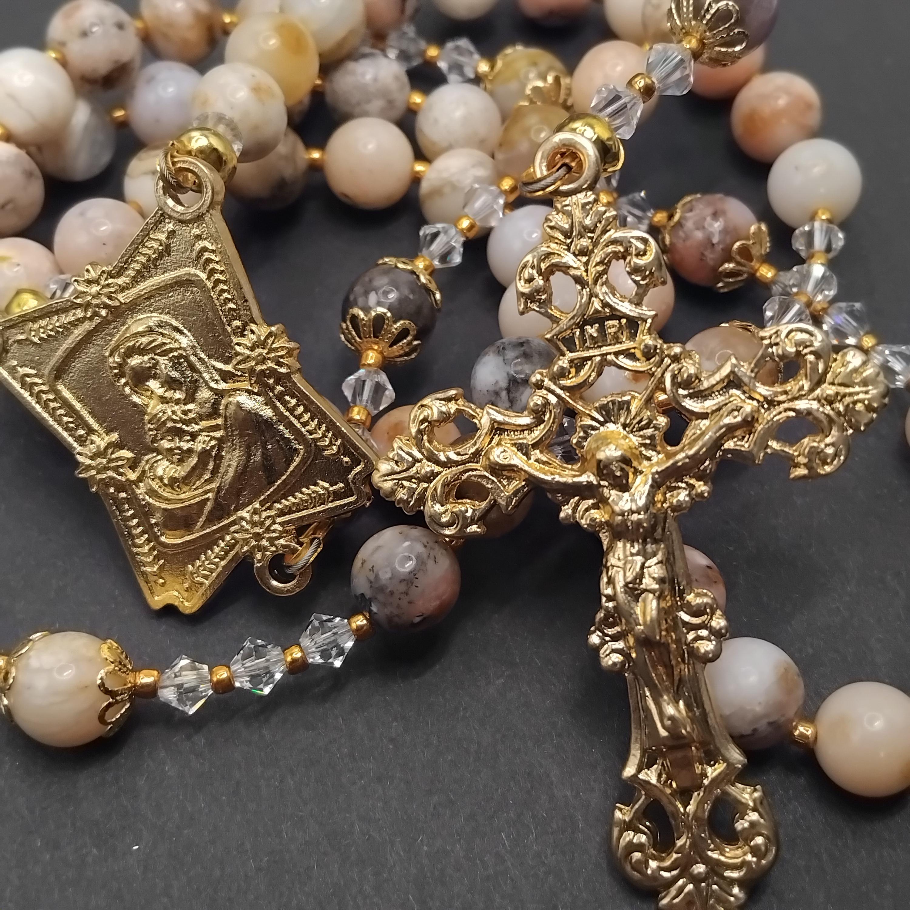 Rosary Beads pink opal and Austrian crystal, handmade