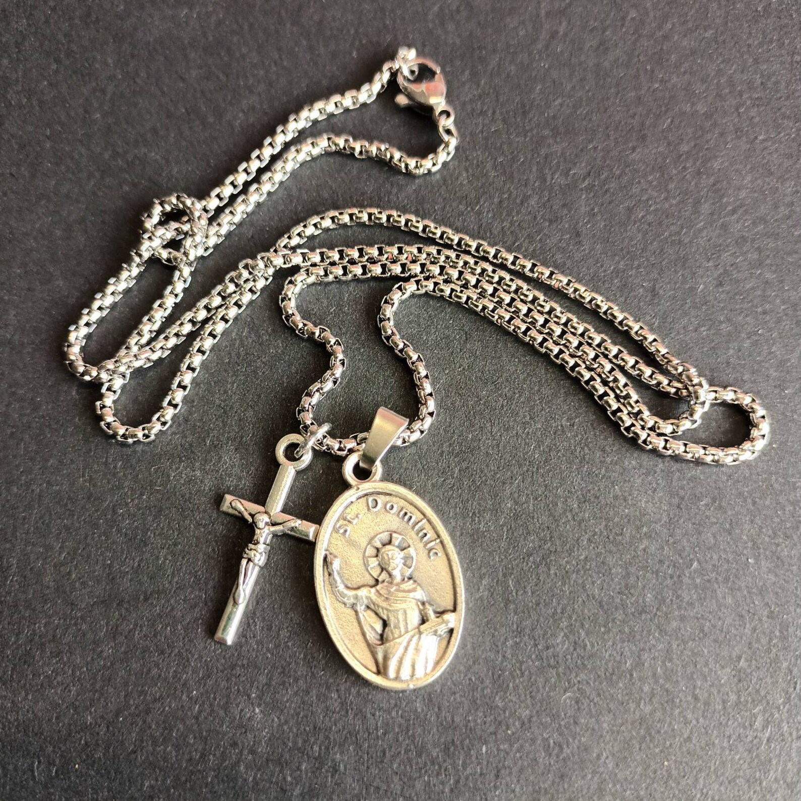 St Dominic Necklace. Stainless Steel Box Chain With Silver Oxide Saint ...