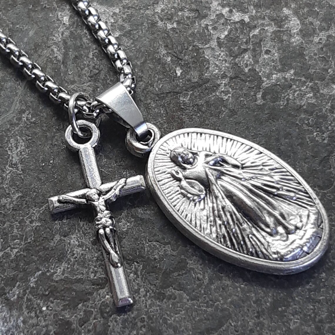 Divine Mercy Necklace. Stainless Steel Box Chain With Saint Medal and ...