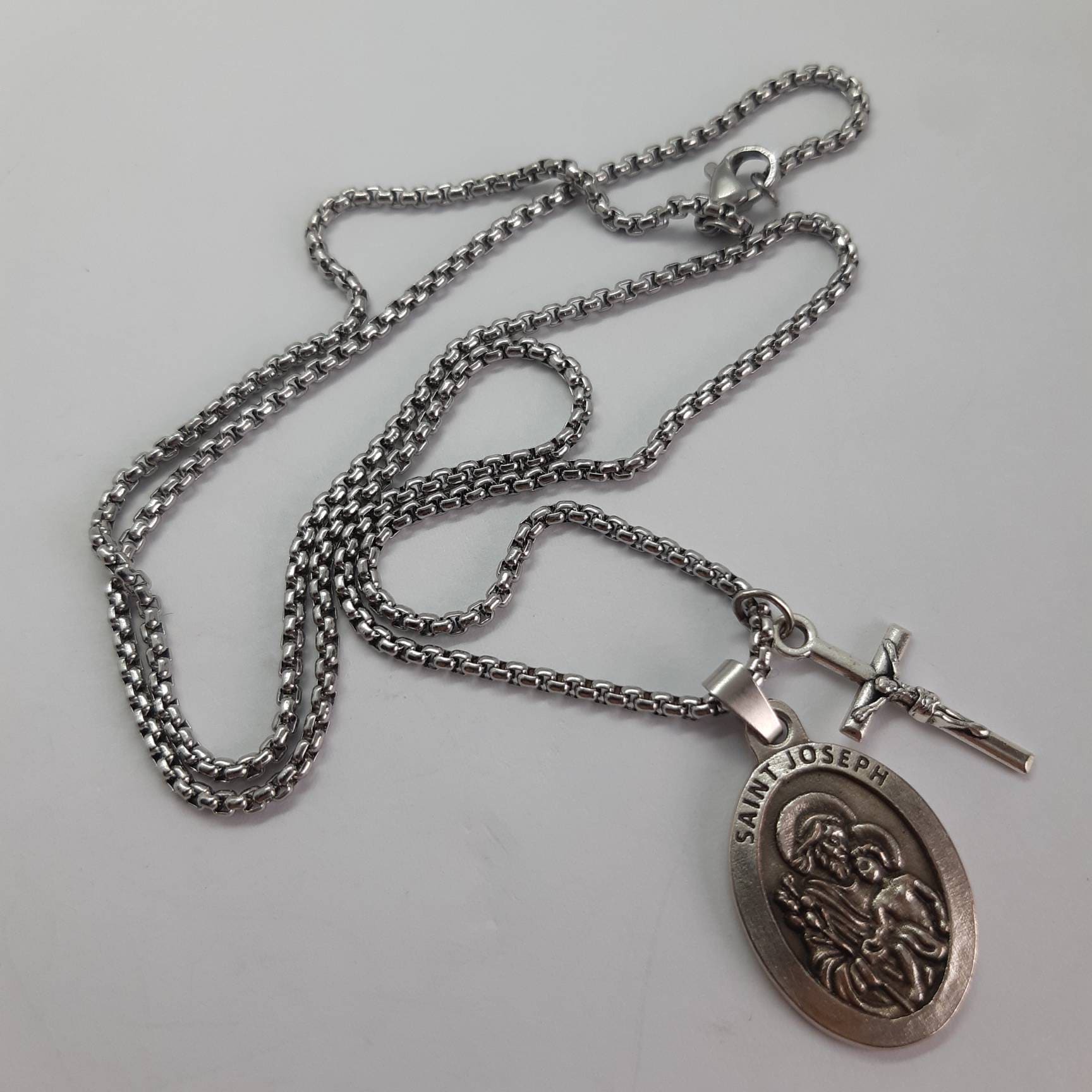 St Joseph Necklace. Stainless Steel Box Chain With Saint Medal and ...