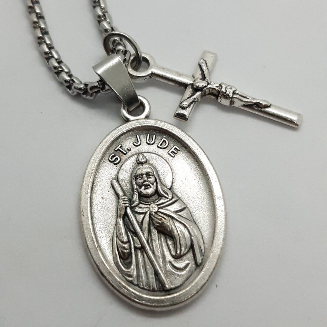 St Jude Necklace. Silver Oxide Saint Medal and Crucifix on Steel Chain ...