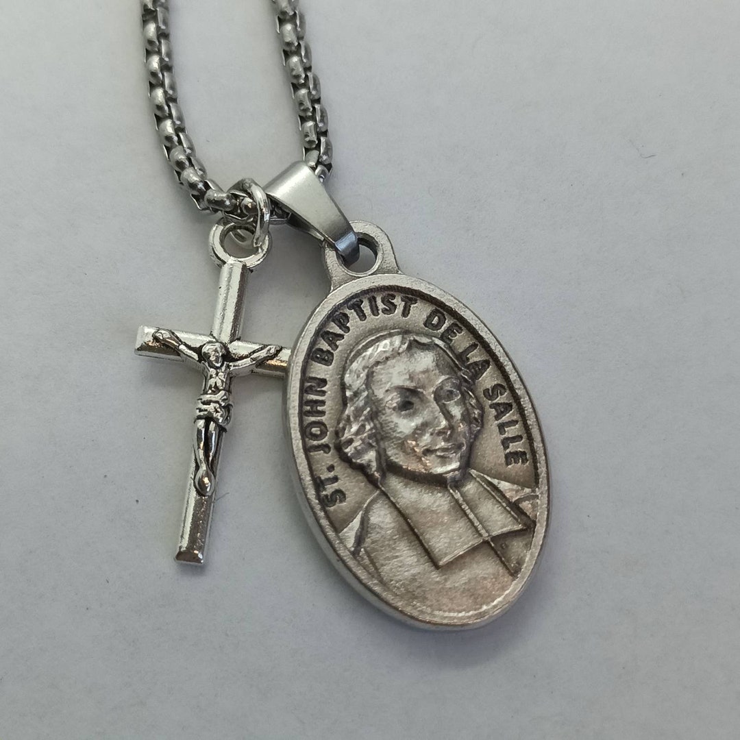 St John Baptist De La Salle Medal: Stainless Steel Box Chain, Silver ...