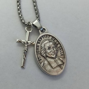 St John Baptist de la Salle| Stainless steel box chain with saint medal and crucifix.