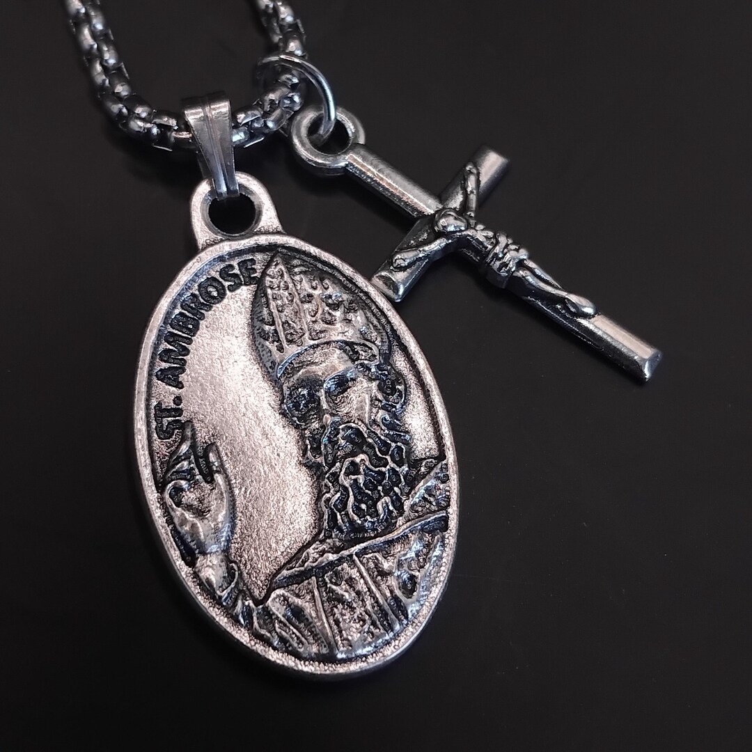 St Ambrose | Stainless Steel Box Chain With Saint Medal and Crucifix ...