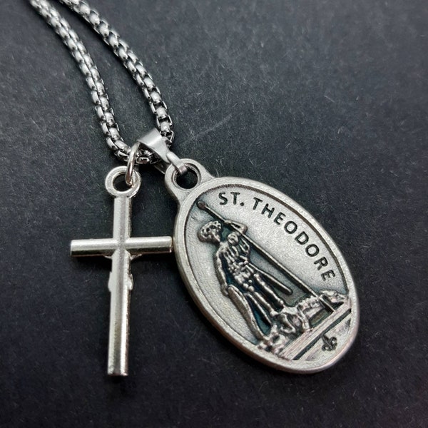 Sts Felix & Theodore | Stainless steel box chain with saint medal and crucifix.