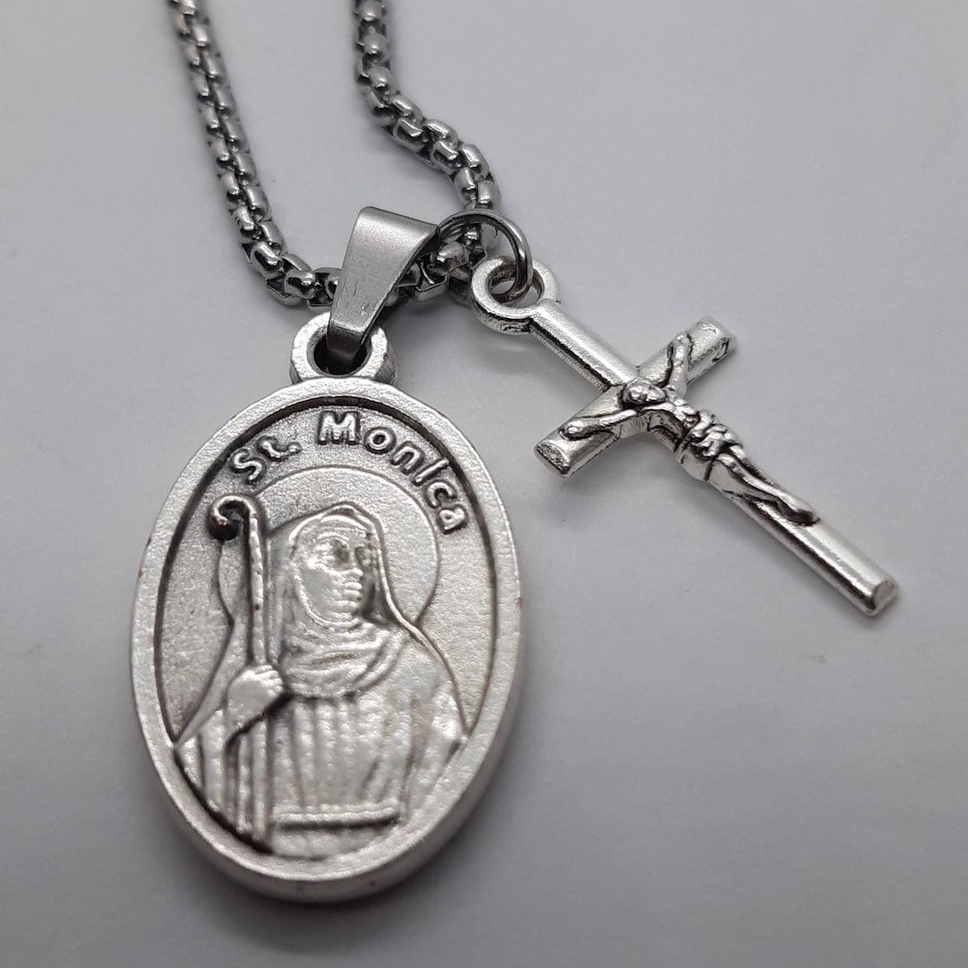 St Monica Necklace. Stainless Steel Box Chain With Saint Medal and