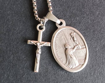 St Camillus de Lellis necklace.  Stainless steel box chain with silver oxide saint medal and crucifix.