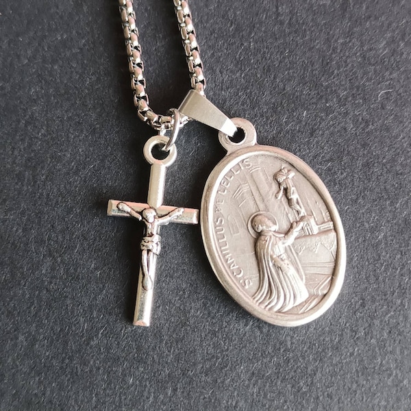 St Camillus de Lellis necklace.  Stainless steel box chain with silver oxide saint medal and crucifix.