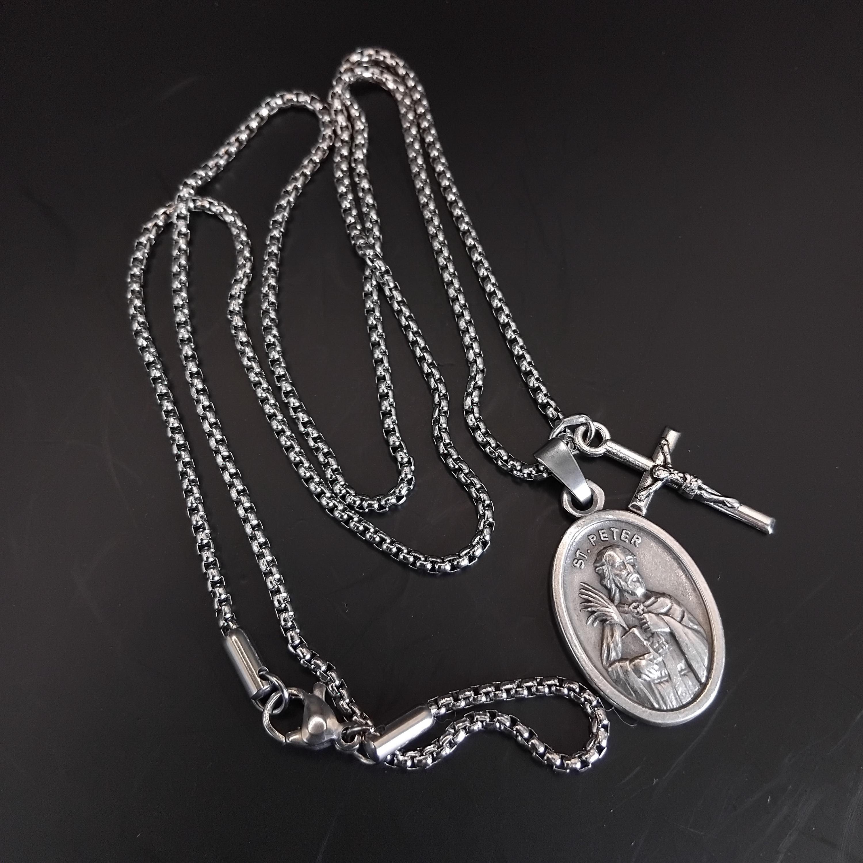 St Peter Necklace. Stainless Steel Box Chain With Saint Medal and