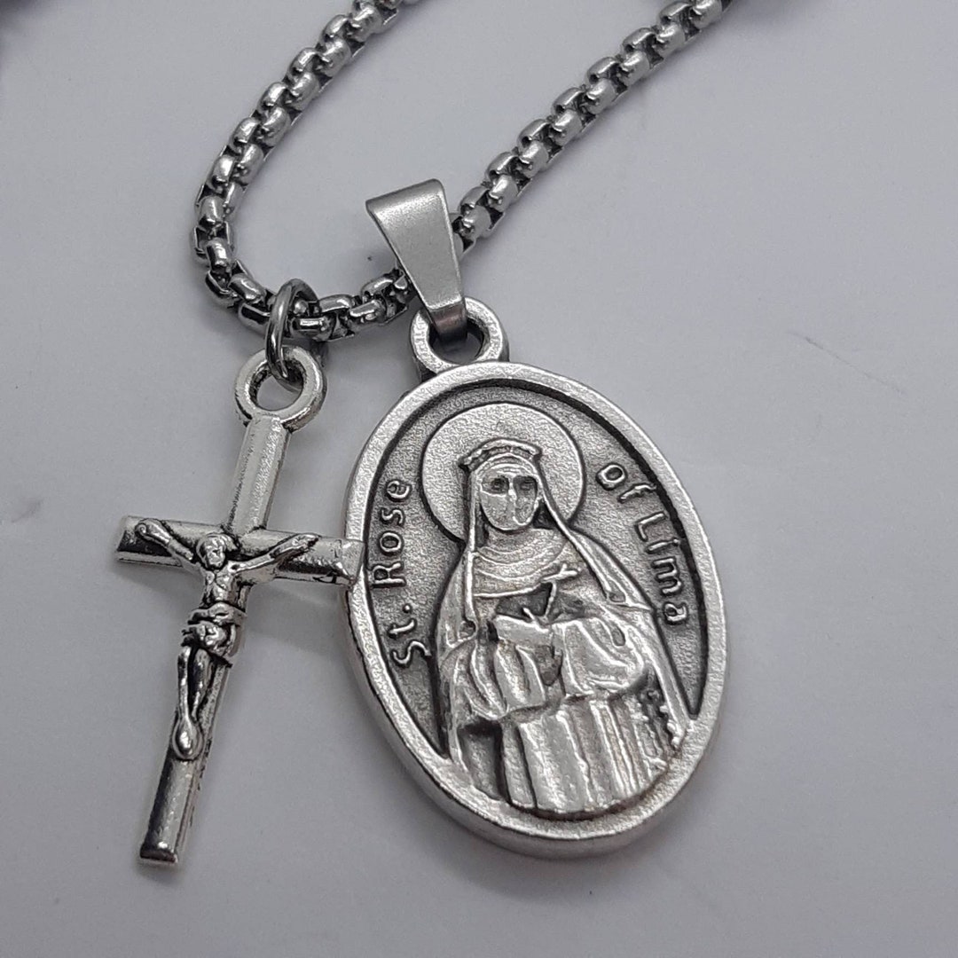 St Rose of Lima Necklace. Stainless Steel Box Chain With Saint Medal ...