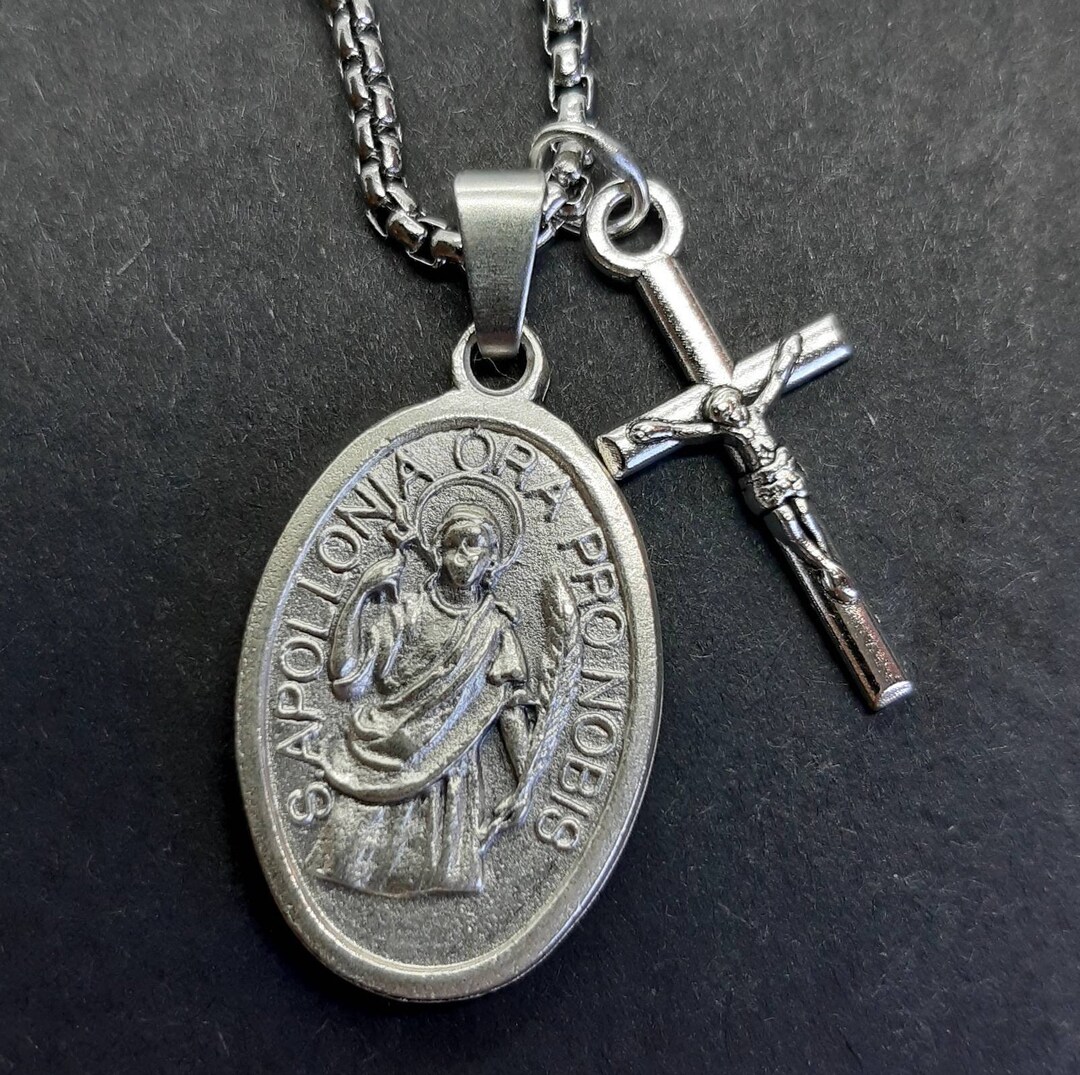 St Apollonia Necklace. Stainless Steel Box Chain With Saint Medal and ...