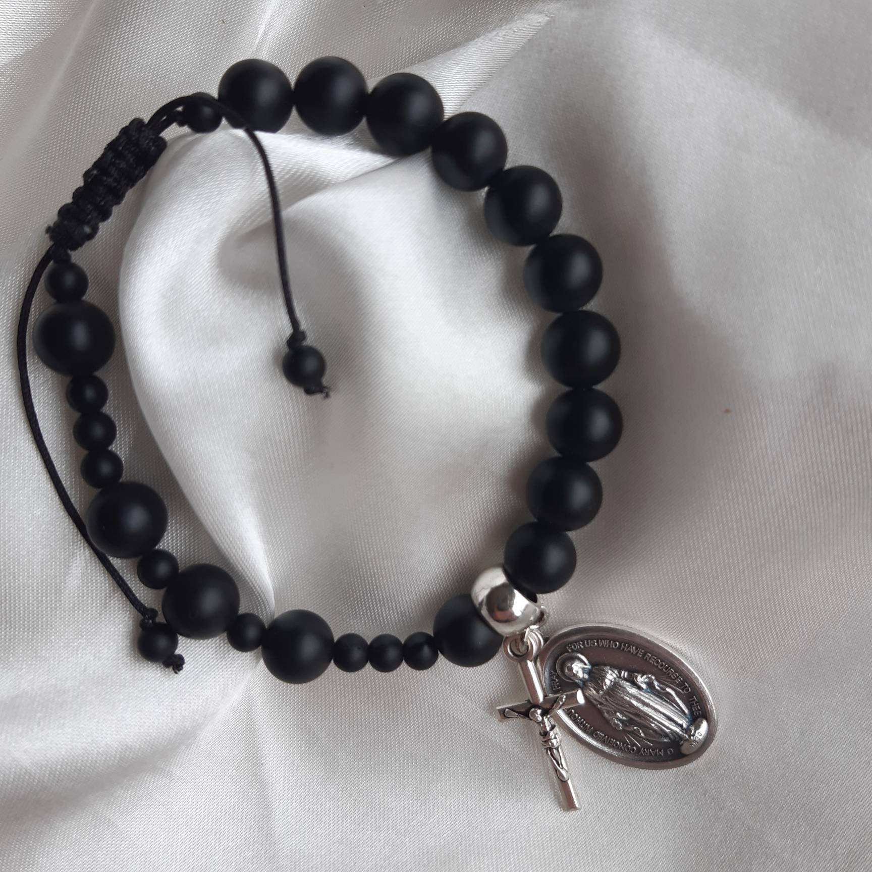 Men's Rosary bracelet. Matte black agate with choice of | Etsy