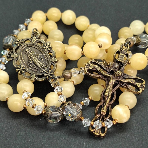 Handmade natural honey jade yellow rosary with Italian bronze crucifix and centrepiece