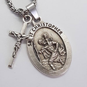 St Christopher necklace. Stainless steel box chain with saint medal and crucifix.