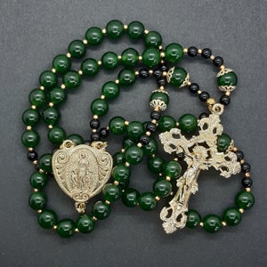 Rosary Beads Jade and Onyx, Miraculous Medal, handmade