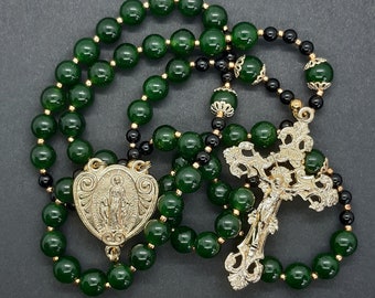 Rosary Beads Jade and Onyx, Miraculous Medal, handmade