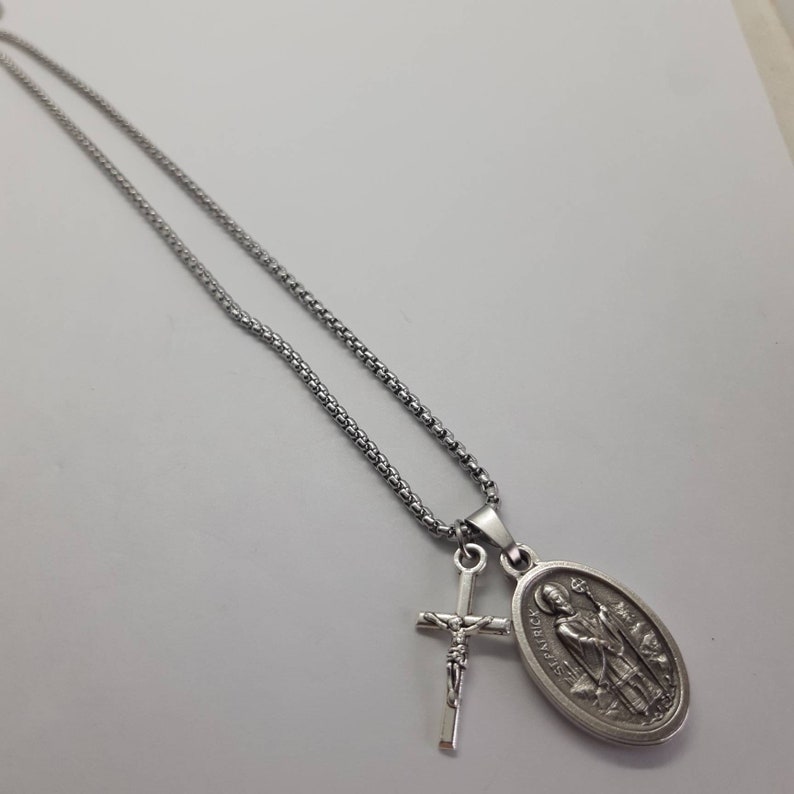 St Patrick Necklace. Stainless Steel Box Chain With Saint Medal and ...
