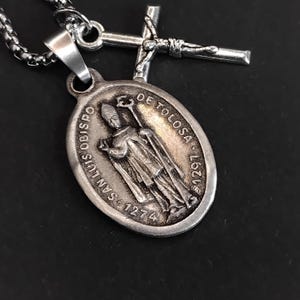 Saint Louis of Anjou Necklace: Silver Oxide Medal & Stainless Steel Chain