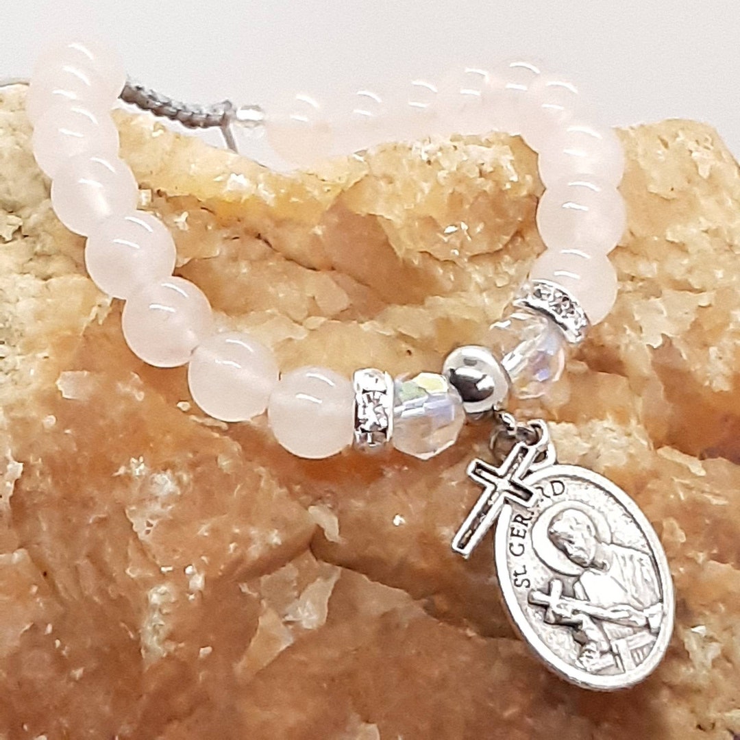 Ladies' St Gerard Majella Adjustable Bracelet. Madagascar Rose Quartz