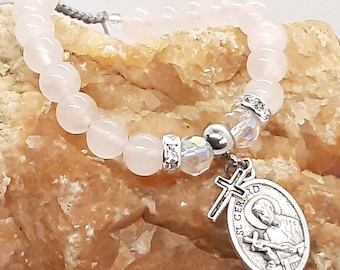 Ladies' St Gerard Majella adjustable bracelet. Madagascar rose quartz.  Patron saint of childbirth and fertility.