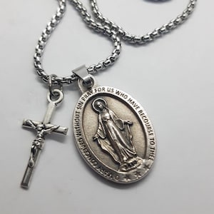 Miraculous Medal necklace. Stainless steel box chain with saint medal and crucifix.